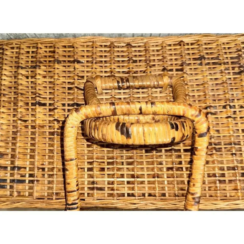 Natural Vintage Wicker Picnic Basket Folding Locking Handles 14x7.5x8 Boho